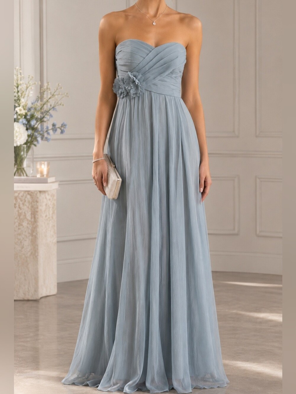 Jenny Yoo Strapless Chiffon Gown in Dusty Blue